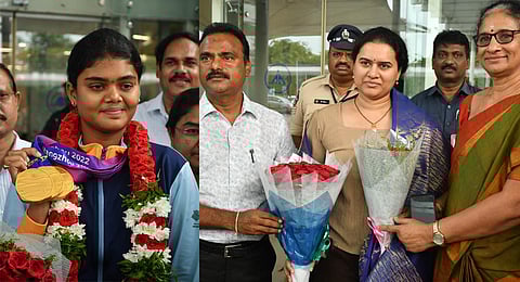 Vennam Jyothi Surekha and Koneru Humy at Gannavaram Airport. (Photo | Prasant Madugula, EPS)