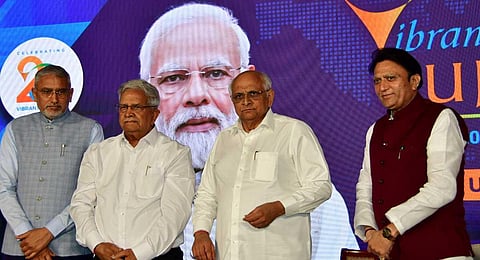 Gujarat Chief Minister Bhupendra Patel during the 10th Vibrant Gujarat Global Summit, in Mumbai, Wednesday, Oct. 11, 2023. (PTI Photo)