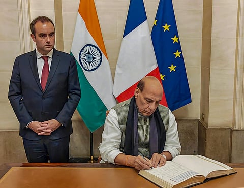Defence Minister Rajnath Singh and French Minister of Armed Forces Sebastien Lecornu (Photo | PTI)