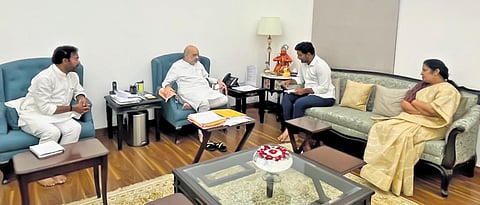 TDP’s Nara Lokesh, Union Minister Kishan Reddy and Union Home Minister Amit Shah. (Photo | Express)