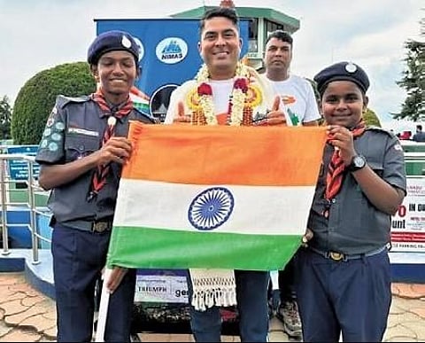 Director of NIMAS, Dirang, Ranveer Singh Jamwal with the tricolour