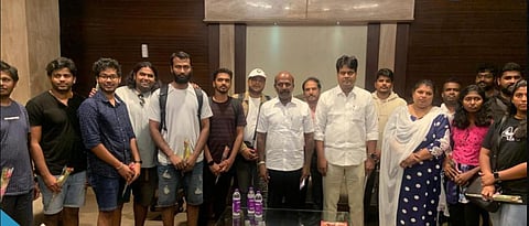 Israel-Hamas war: 14 people from Tamil Nadu, who arrived from Israel, received by Minister Subramanian at the Chennai airport, Friday, Oct 13, 2023. (Photo | Twitter)