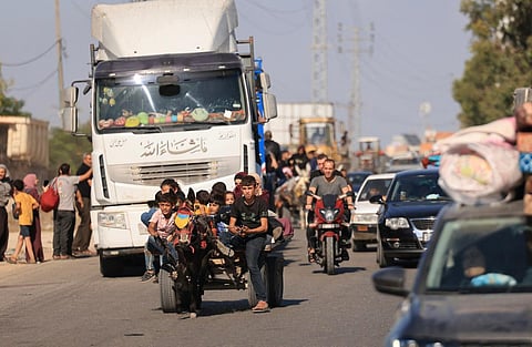 Hundreds of Palestinians flee their homes following the Israeli army's warning to leave their homes and move south before an expected ground offensive. (Photo | AFP)