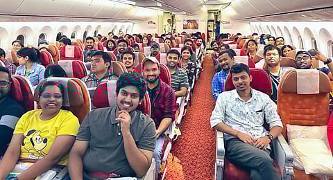Indian nationals evacuated from Israel under Operation Ajay, onboard a flight destined for New Delhi.(Photo | PTI)