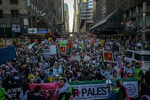 People demonstrate in support of Palestinians in New York City on October 13, 2023. (Photo | AFP)