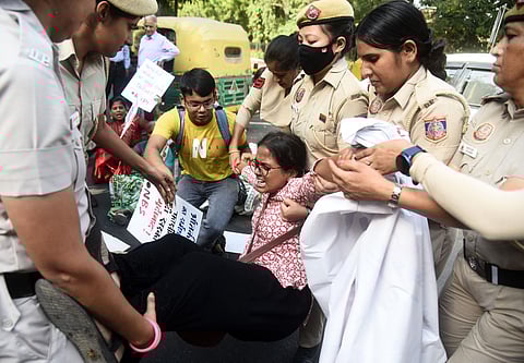 Security Personnel detained a group of students who had gathered at the Jantar Mantar protest site to express solidarity with Palestine, in New Delhi, on October 13, 2023. (Photo | Parveen Negi)