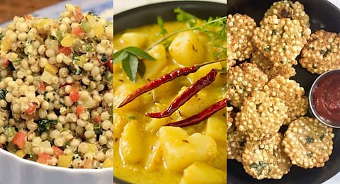 Sorghum Khichdi, Dahi Aloo and Sweet Potato and Sabudana Wada. (Photo | Express)