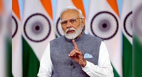 Prime Minister Narendra Modi digitally addresses the flagging off ceremony of ferry services between Nagapattinam (India) and Kankesanthurai (Sri Lanka), Saturday | PTI