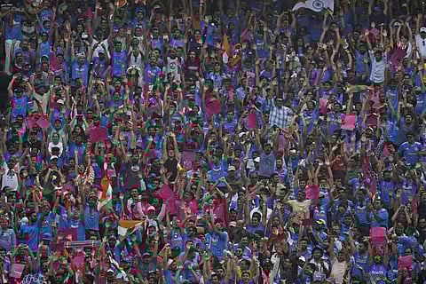 The crowd cheers during the World Cup match between India and Pakistan in Ahmedabad (Photo | AP)