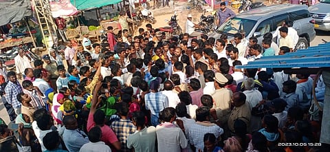 Kanchanapally villagers block the convoy of Nalgonda MLA K Bhupal Friday. (Photo | Express)