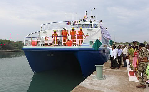 HSC Cheriyapani departing from Nagapattinam Mini Port on its maiden passenger voyage towards Kangesanthurai in Sri Lanka. (Photo | Antony Fernando)