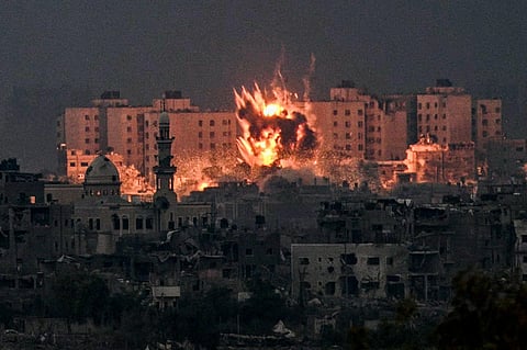 A fireball erupts during Israeli bombardment in the northern Gaza Strip on October 14, 2023. (Photo | AFP)