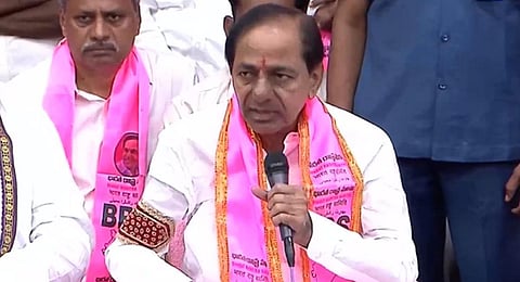 BRS chief and Telangana Chief Minister K Chandrasekhar Rao announces the party's manifesto for the upcoming Assembly elections, Oct 15, 2023. (Screengrab | X@BRSparty)