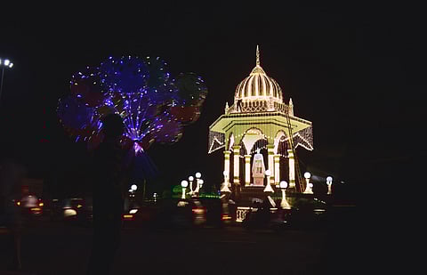 Mysuru city is illuminated for the inauguration of the world famous Mysuru Dasara festival on Sunday /Express Photo Udayshankar S