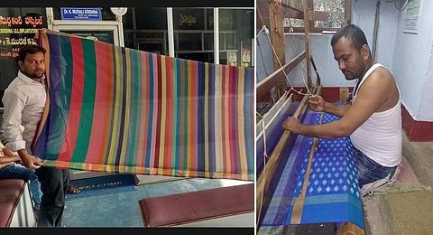 Nalla Vijay produces a saree using a handloom at his workshop in Sircilla.