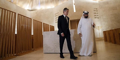 U.S. Secretary of State Antony Blinken tours the Moses Ben Maimon Synagogue at the Abrahamic Family House, in Abu Dhabi, United Arab Emirates (Photo | AP)