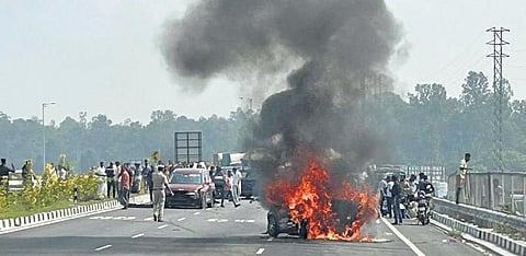 A car caught fire in a serial accident on Bengaluru-Mysuru Highway on Saturday.