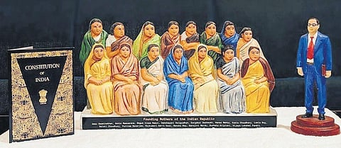The set includes Sarojini Naidu, Ammu Swaminathan, Dakshayani Velayudhan Begum Aizaz Rasul, Durgabai Deshmukh,Hansa Mehta, Kamla Chaudhary, Leela Roy, Malati Choudhury, Purnima Banerjee, Rajkumari .