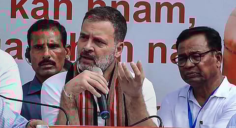 Congress leader Rahul Gandhi addresses a public meeting in Aizawl, Mizoram, Monday, Oct. 16, 2023. (PTI Photo)
