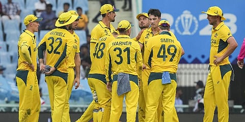 Australian players celebrate the wicket of Sri Lanka's Kusal Perera during the ICC Men's Cricket World Cup 2023 match in Lucknow (Photo | PTI)