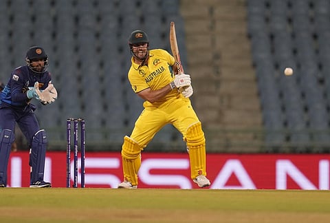 Australia's Mitchell Marsh plays a shot during the World Cup match against Sri Lanka in Lucknow (Photo | AP)