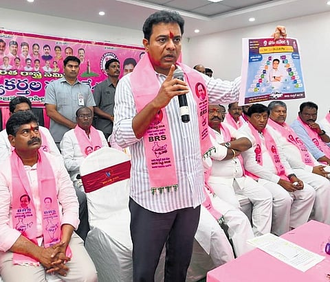 Minister KT Rama Rao addresses a BRS meeting in Sircilla on Monday
