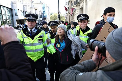 Swedish climate activist Greta Thunberg denounced 'spineless politicians' as she participated in a London protest. (Photo | AFP)