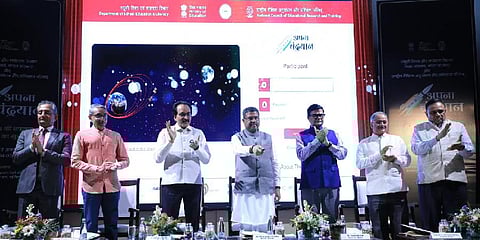Union Education Minister Dharmendra Pradhan launching ‘Apna Chandrayaan’ web portal and special modules on Chandrayaan3. (Photo | Twitter)