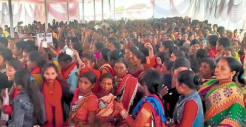 Villagers attending the public hearing for environmental clearance. (Photo | Express)