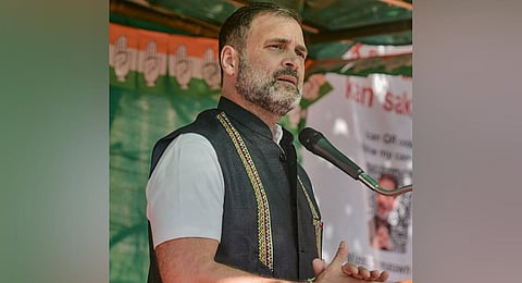 Congress leader Rahul Gandhi addresses a public meeting ahead of Mizoram Assembly elections, in Lunglei, Tuesday, Oct. 17, 2023. (PTI Photo)