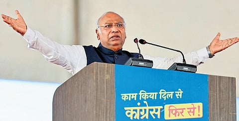 Congress president Mallikarjun Kharge during a election campaign in Baran district of Rajasthan on Monday | express