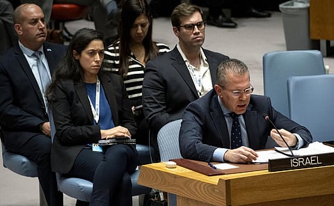 Israel’s U.N. Ambassador Gilad Erdan addresses members of the U.N. Security Council at United Nations headquarters. (Photo | AP)