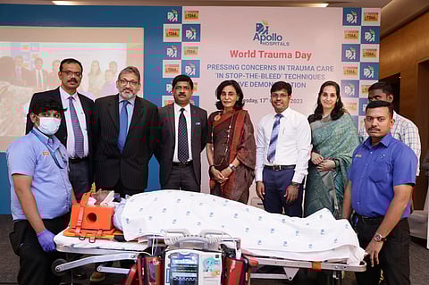 A team of doctors performed a live demonstration to spread the message, on World Trauma Day on Tuesday. (Photo | Express)