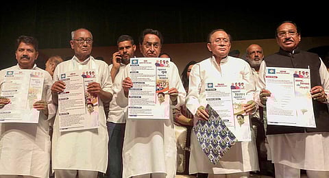 Madhya Pradesh Congres president Kamal Nath, MP Digvijaya Singh and other leaders release party's manifesto ahead of the state assembly elections, in Bhopal, Tuesday, Oct. 17, 2023. (PTI)