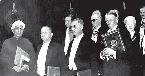 Sir CV Raman at his Nobel Prize award ceremony in 1930.