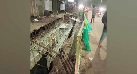 The stormwater drain pit in Rajaji Salai into which two women fell on Monday. (Photo | Express)