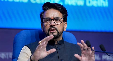 Union Minister Anurag Thakur addresses the media during cabinet briefing, in New Delhi, Wednesday, Oct. 18, 2023. (PTI)
