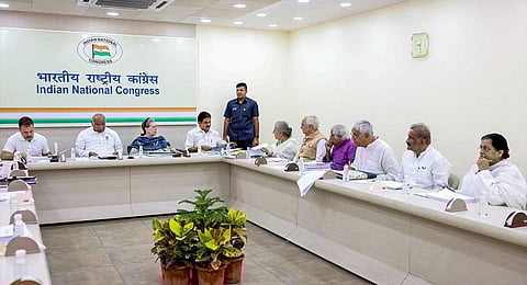 Congress President Mallikarjun Kharge with party leaders during the CEC meeting for the upcoming Rajasthan assembly elections, at the AICC Headquarters in New Delhi, Oct. 18, 2023. (PTI)