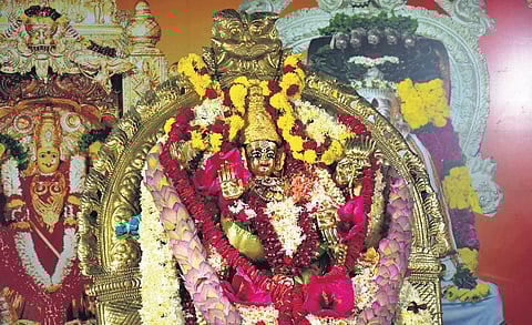 Goddess Kanaka Durga adorned in Sri Mahalakshmi Devi avatar on the fourth day of Dasara festivities atop Indrakeladri Hill in Vijayawada I Prasant Madugula