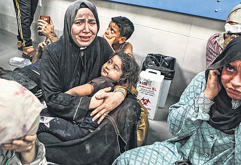 (Clockwise from above) Wounded Palestinians at al-Shifa hospital in Gaza City; the site of the explosion outside al-Ahli hospital; and Benjamin Netanyahu welcomes Joe Biden in Israel | AP