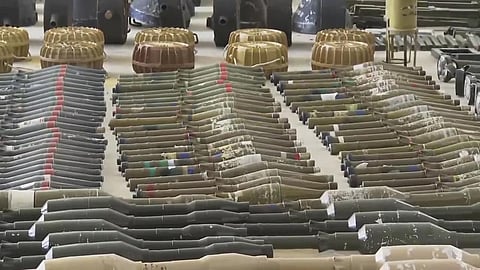 Suspected North Korean-made F-7 rocket-propelled grenades, many with a distinctive red stripe on their warhead, are seen at an Israeli military base in southern Israel. (Photo | AP)