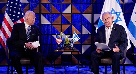Israeli Prime Minister Benjamin Netanyahu speaks as he meets with President Joe Biden, Wednesday, Oct. 18, 2023, in Tel Aviv. (AP)
