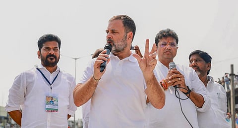 Congress leader Rahul Gandhi with Telangana Congress President Revanth Reddy during a rally ahead of State Assembly elections.(Photo | PTI)