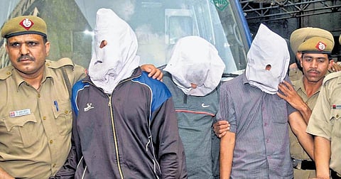 Delhi Police parade the accused involved in the murder of Soumya Vishwanathan at the police headquarters | PTI