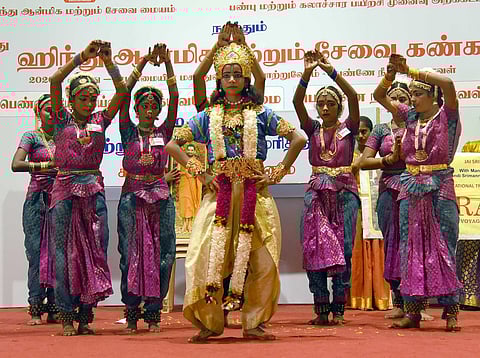 A dance performance by school students at the 11th Spiritual and Service fair at Gurunanak College in Chennai. (Photo | Martin Louis)
