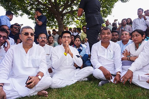TMC's Abhishek Banerjee along with party leaders during their protest against BJP-led Central government over alleged apathy towards Bengal, in New Delhi. (PTI)