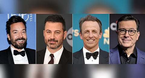 This combination of images shows, from left, Jimmy Fallon, Jimmy Jimmy Kimmel, Seth Meyers, and Stephen Colbert. (Photo | AP)