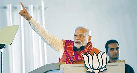 Prime Minister Narendra Modi gestures as he speaks during the Palamuru Praja Garjana public meeting at Bhoothpur in Mahbubnagar on Sunday. (Photo | Vinay Madapu)