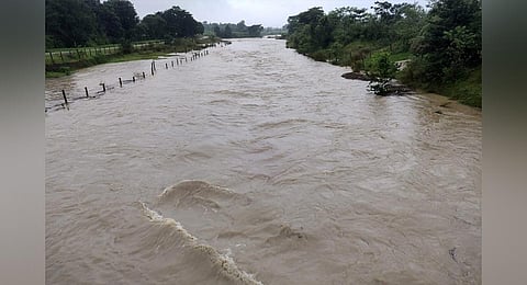 Swollen Jumar river after heavy rainfall, in Ranchi district, Jharkhand. (Photo | PTI)
