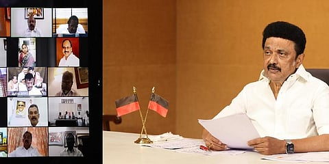 DMK president and Chief Minister MK Stalin addressing party district secretaries and office-bearers through a virtual meeting on Sunday | Express